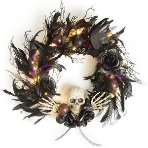 HOLIDAY LANE Halloween Skull & Foliage LED Light-Up Wreath